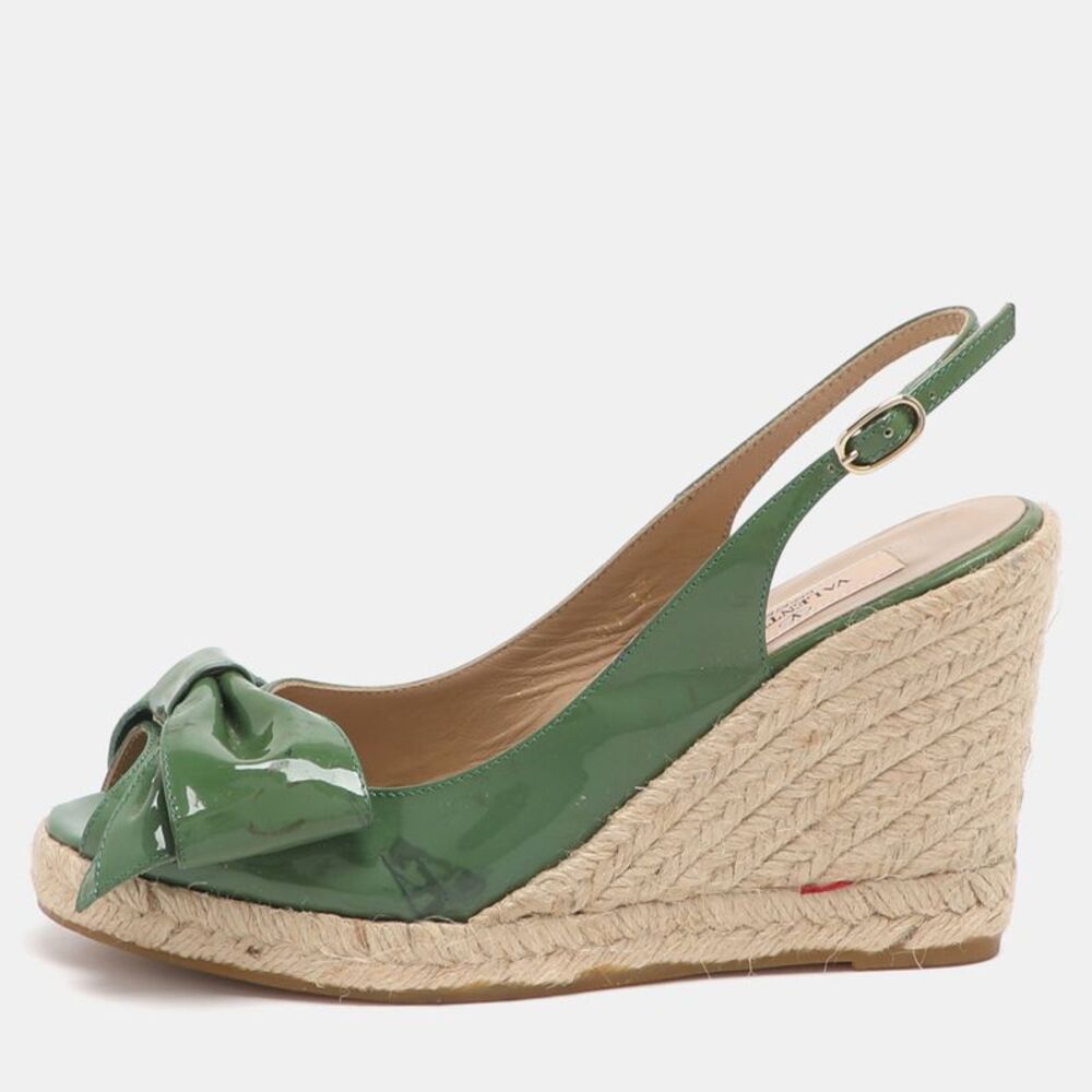 Valentino Bow Size 37 Green Patent Leather Wedge Slingback Sandals